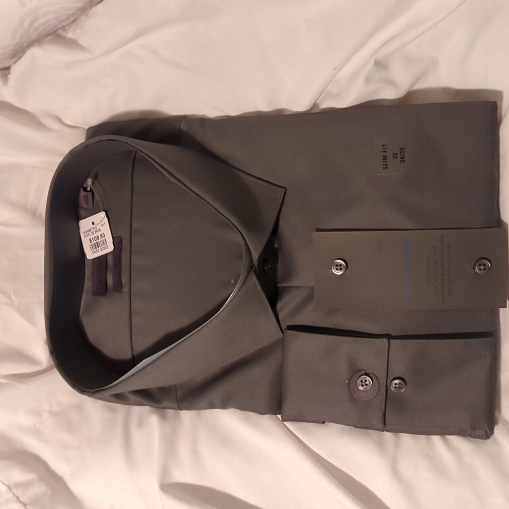 Dark gray, Calvin Klein, button down dress shirt, slim fit, 22 neck 34/35 sleeve